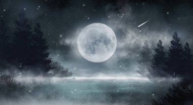 Soyut karanlık boş sahne. Soyut gece manzarası. Neon mavi ışık, ağaç siluetleri, suda yansıma, ay ışığı. Sisli orman, karanlık, duman, sis. Gece görünümü.