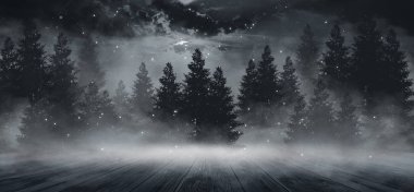 Soyut karanlık boş sahne. Soyut gece manzarası. Neon mavi ışık, ağaç siluetleri, suda yansıma, ay ışığı. Sisli orman, karanlık, duman, sis. Gece görünümü.