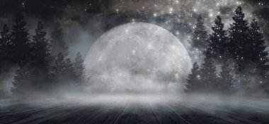 Soyut karanlık boş sahne. Soyut gece manzarası. Neon mavi ışık, ağaç siluetleri, suda yansıma, ay ışığı. Sisli orman, karanlık, duman, sis. Gece görünümü.