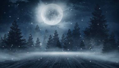 Soyut karanlık boş sahne. Soyut gece manzarası. Neon mavi ışık, ağaç siluetleri, suda yansıma, ay ışığı. Sisli orman, karanlık, duman, sis. Gece görünümü.