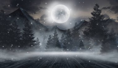 Soyut karanlık boş sahne. Soyut gece manzarası. Neon mavi ışık, ağaç siluetleri, suda yansıma, ay ışığı. Sisli orman, karanlık, duman, sis. Gece görünümü.