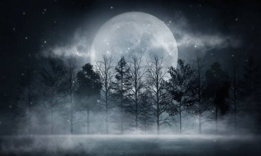 Soyut karanlık boş sahne. Soyut gece manzarası. Neon mavi ışık, ağaç siluetleri, suda yansıma, ay ışığı. Sisli orman, karanlık, duman, sis. Gece görünümü.