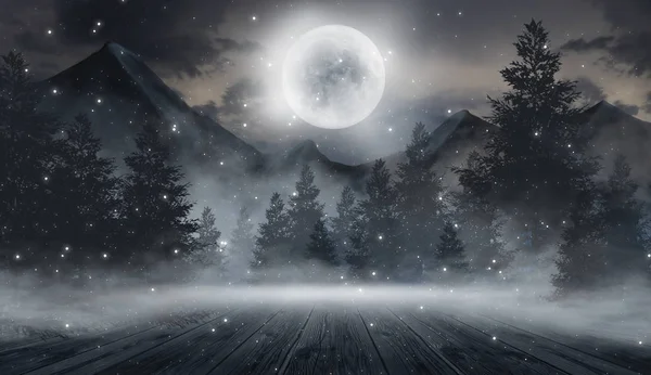 Soyut karanlık boş sahne. Soyut gece manzarası. Neon mavi ışık, ağaç siluetleri, suda yansıma, ay ışığı. Sisli orman, karanlık, duman, sis. Gece görünümü.