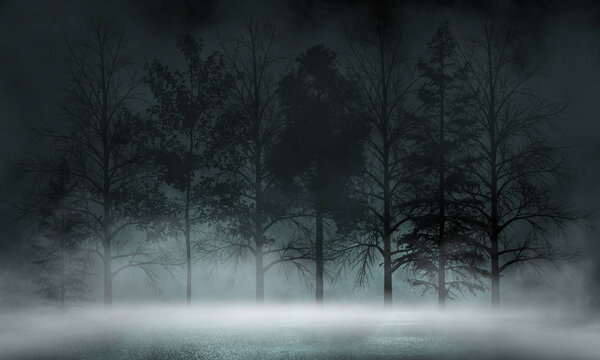 Abstract dark empty scene. Abstract night landscape. Neon blue light, tree silhouettes, reflection in the water, moonlight light. Misty forest, dark, smoke, smog. Night view.
