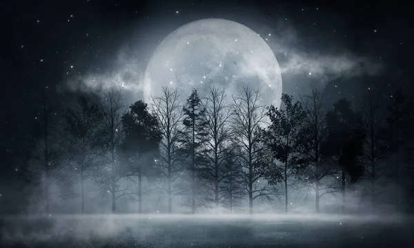 Soyut karanlık boş sahne. Soyut gece manzarası. Neon mavi ışık, ağaç siluetleri, suda yansıma, ay ışığı. Sisli orman, karanlık, duman, sis. Gece görünümü.