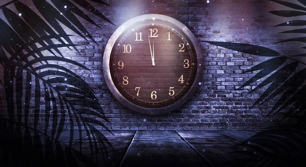 Dark Room Spotlight Rays Old Clock Metal Frame Old Brick — Stock Photo, Image