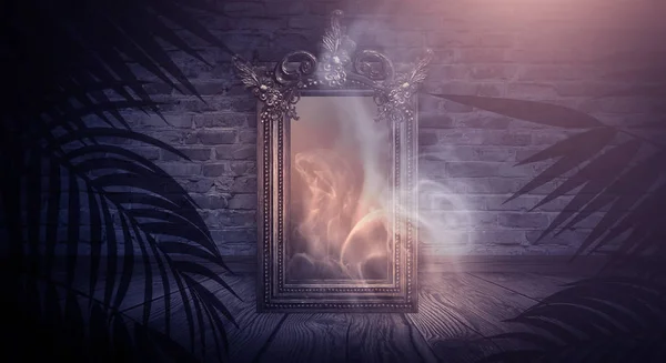 Dark room, a magical antique mirror. Night view of the room, fantasy. Dark abstract background with a mirror. Neon light, smoke, smog, magic dust.