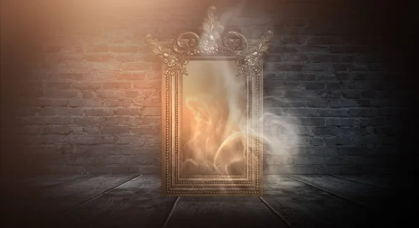 Dark room, a magical antique mirror. Night view of the room, fantasy. Dark abstract background with a mirror. Neon light, smoke, smog, magic dust.