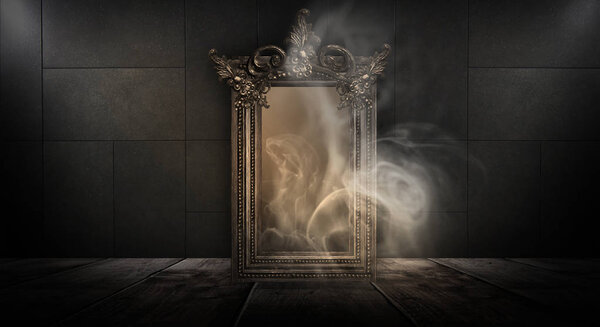 Dark room, a magical antique mirror. Night view of the room, fantasy. Dark abstract background with a mirror. Neon light, smoke, smog, magic dust.