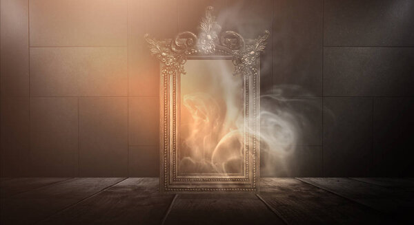 Dark room, a magical antique mirror. Night view of the room, fantasy. Dark abstract background with a mirror. Neon light, smoke, smog, magic dust.