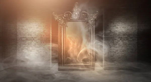 Dark room, a magical antique mirror. Night view of the room, fantasy. Dark abstract background with a mirror. Neon light, smoke, smog, magic dust.