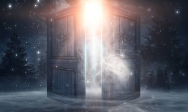 Kapıları açın. Soyut ışık. Gece görüşü, sihirli fantezi, duman, duman, neon. Karanlık orman. Soyut koyu arkaplan. Eski ahşap kapılar.