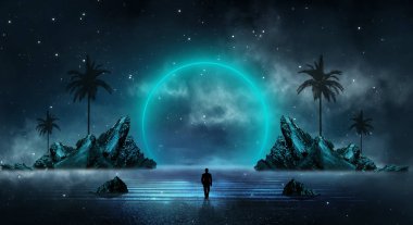 Geleceğin gece manzarası. Karanlık orman, nehir, dağlar, gecenin yansıması, suyun üzerindeki ay ışığı. Karanlık soyut manzara, neon ışık.