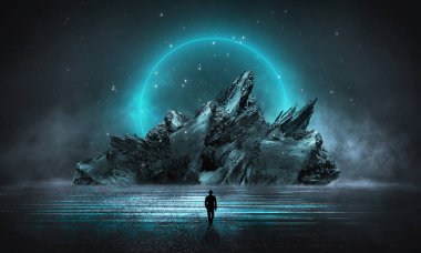 Geleceğin gece manzarası. Karanlık orman, nehir, dağlar, gecenin yansıması, suyun üzerindeki ay ışığı. Karanlık soyut manzara, neon ışık.