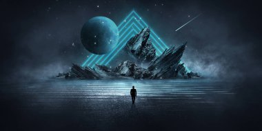 Geleceğin gece manzarası. Karanlık orman, nehir, dağlar, gecenin yansıması, suyun üzerindeki ay ışığı. Karanlık soyut manzara, neon ışık.