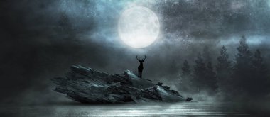 Geleceğin gece manzarası. Karanlık orman, nehir, dağlar, gecenin yansıması, suyun üzerindeki ay ışığı. Karanlık soyut manzara, neon ışık.