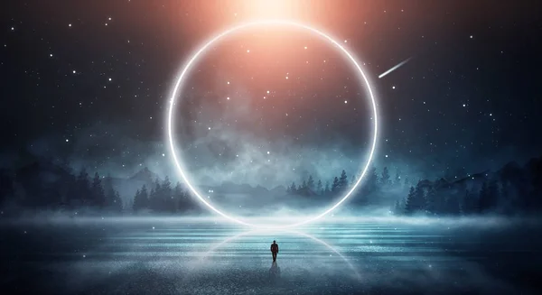 Futurisztikus Éjszakai Táj Sötét Erdő Folyó Hegyek Éjszaka Tükröződése Holdfény — Stock Fotó
