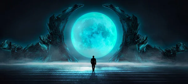 Geleceğin gece manzarası. Karanlık orman, nehir, dağlar, gecenin yansıması, suyun üzerindeki ay ışığı. Karanlık soyut manzara, neon ışık.