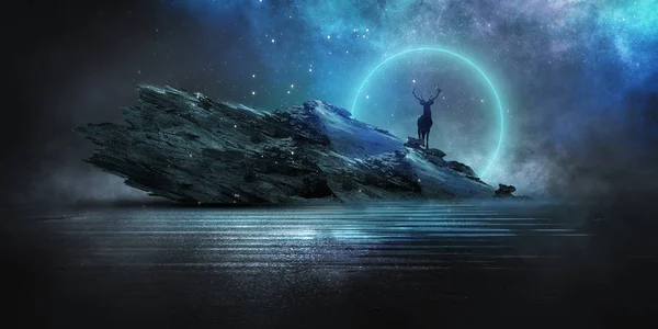 Futurisztikus Éjszakai Táj Sötét Erdő Folyó Hegyek Éjszaka Tükröződése Holdfény — Stock Fotó