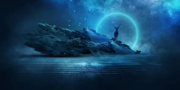 Geleceğin gece manzarası. Karanlık orman, nehir, dağlar, gecenin yansıması, suyun üzerindeki ay ışığı. Karanlık soyut manzara, neon ışık.