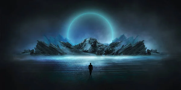 Geleceğin gece manzarası. Karanlık orman, nehir, dağlar, gecenin yansıması, suyun üzerindeki ay ışığı. Karanlık soyut manzara, neon ışık.