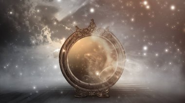 Karanlık orman, sihirli ayna. Gece görüşü, duman, sis, neon ışığı, ay. Karanlık fantezi, mistik manzara. 