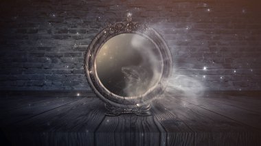 Mirror magic, fortune telling and fulfillment of desires. Fantasy with a mirror, dark room, magical power, night view.