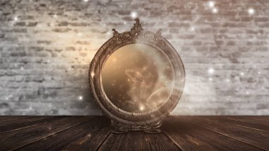 Mirror magic, fortune telling and fulfillment of desires. Fantasy with a mirror, dark room, magical power, night view.