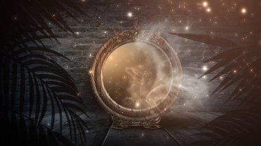 Mirror magic, fortune telling and fulfillment of desires. Fantasy with a mirror, dark room, magical power, night view.