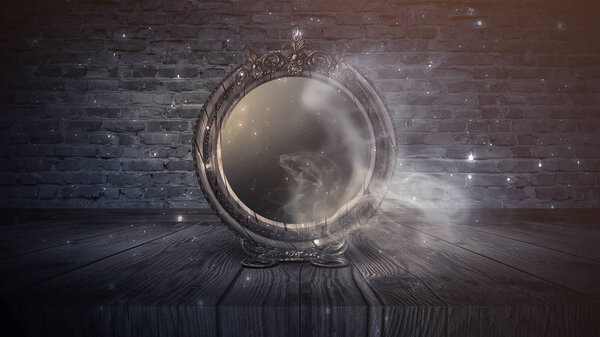 Зеркальная магия, предсказание судьбы и исполнение желаний. Ограждение с зеркалом, темная комната, магическая сила, ночной вид
.