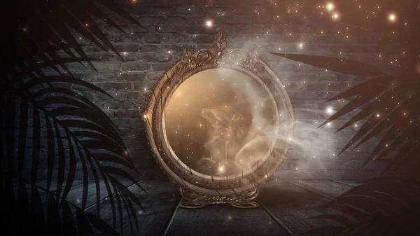 Espelho Mágico Adivinhação Realização Desejos Fantasia Com Espelho Quarto Escuro — Fotografia de Stock