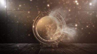 Mirror magic, fortune telling and fulfillment of desires. Fantasy with a mirror, dark room, magical power, night view.