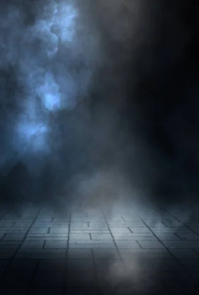 Вологий Асфальт Відображення Неонових Вогнів Прожектор Дим Абстрактне Світло Темній — стокове фото