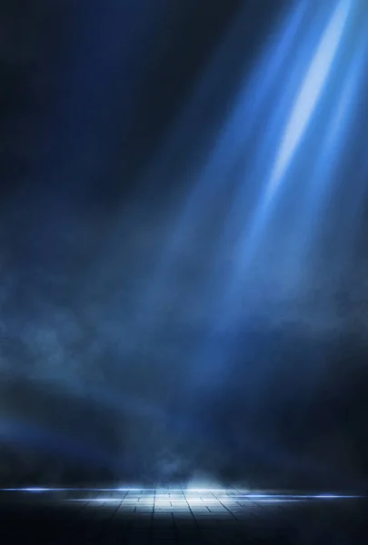 Wet Asphalt Reflection Neon Lights Searchlight Smoke Abstract Light Dark — Stock Photo, Image