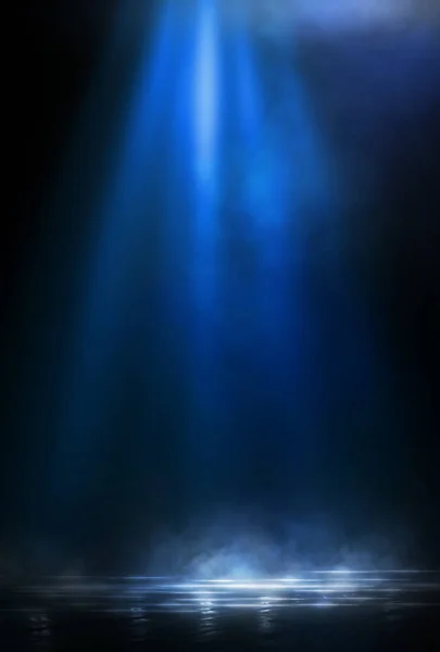 Empty street scene background with abstract spotlights light. Night view of street light reflected on water. Rays through the fog. Smoke, fog, wet asphalt with reflection of lights. 