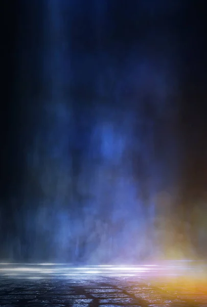 Empty street scene background with abstract spotlights light. Night view of street light reflected on water. Rays through the fog. Smoke, fog, wet asphalt with reflection of lights. 