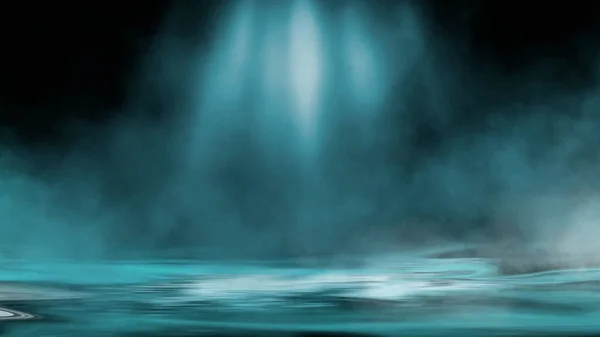 Fondo Oscuro Dramático Reflejo Luz Sobre Agua Niebla Humo Escena —  Fotos de Stock