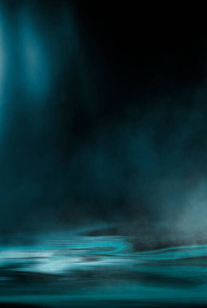Dramatic dark background. Reflection of light on the water. Smoke fog. Empty futuristic scene. Night water landscape.