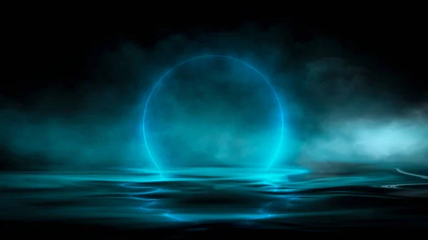 戏剧性的黑暗背景 光在水面上的反射 空虚的未来派场景 夜间水景 — 图库照片