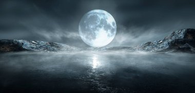 Soyut adaları olan modern fütüristik gece manzarası ve uzay galaksileri olan gece gökyüzü. Çok renkli neon parıltısı. Sudaki ışığın yansıması, yıldızlar. Boş sahne, manzara.