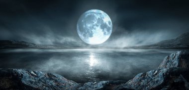 Soyut adaları olan modern fütüristik gece manzarası ve uzay galaksileri olan gece gökyüzü. Çok renkli neon parıltısı. Sudaki ışığın yansıması, yıldızlar. Boş sahne, manzara.