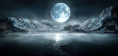 Soyut adaları olan modern fütüristik gece manzarası ve uzay galaksileri olan gece gökyüzü. Çok renkli neon parıltısı. Sudaki ışığın yansıması, yıldızlar. Boş sahne, manzara.