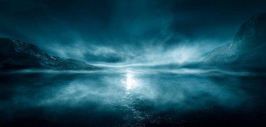 Soyut adaları olan modern fütüristik gece manzarası ve uzay galaksileri olan gece gökyüzü. Çok renkli neon parıltısı. Sudaki ışığın yansıması, yıldızlar. Boş sahne, manzara.