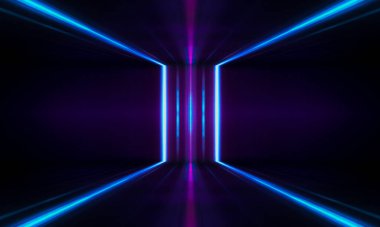 Ultraviyole fütüristik soyut ışık. Hafif lazer hattı. Violet ve pembe gradyan. Modern arka plan, neon ışık. Boş sahne, spot ışıkları, neon ışıklar. Suda yansıma, simetri.