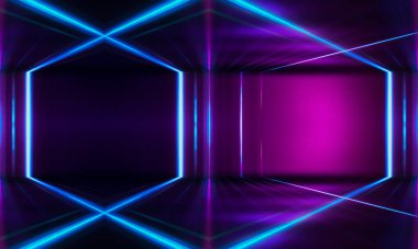 Ultraviyole fütüristik soyut ışık. Hafif lazer hattı. Violet ve pembe gradyan. Modern arka plan, neon ışık. Boş sahne, spot ışıkları, neon ışıklar. Suda yansıma, simetri.