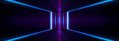 Ultraviyole fütüristik soyut ışık. Hafif lazer hattı. Violet ve pembe gradyan. Modern arka plan, neon ışık. Boş sahne, spot ışıkları, neon ışıklar. Suda yansıma, simetri.