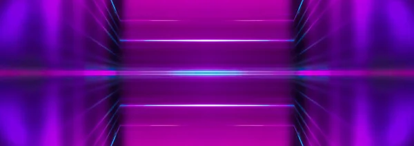 紫外线的未来主义抽象光 光激光线 紫罗兰和粉色梯度 现代背景 霓虹灯 空荡荡的舞台聚光灯霓虹灯对水的反射 对称性 — 图库照片