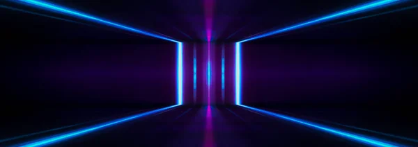 紫外线的未来主义抽象光 光激光线 紫罗兰和粉色梯度 现代背景 霓虹灯 空荡荡的舞台聚光灯霓虹灯对水的反射 对称性 — 图库照片