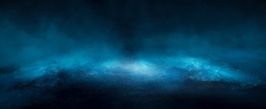 Boş gelecekçi dramatik sahne. Soyut karanlık manzara, sokak. Neon ışığı sıvısı elementi. Gece görüşü, neon mavi ışık. Fantezi arka planı. 3B illüstrasyon