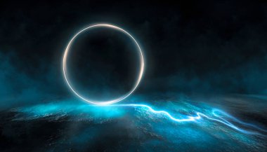 Boş gelecekçi dramatik sahne. Soyut karanlık manzara, sokak. Neon ışığı sıvısı elementi. Gece görüşü, neon mavi ışık. Fantezi arka planı. 3B illüstrasyon